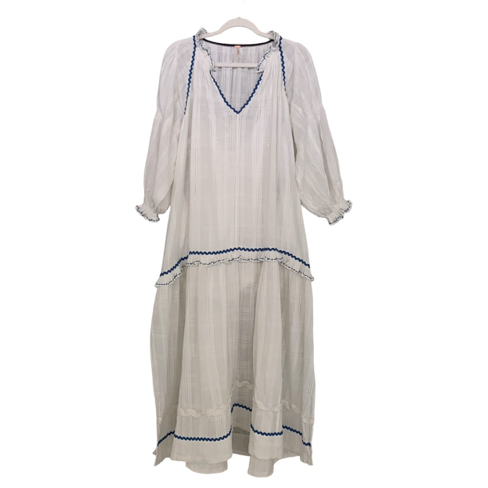 Free People White Midi Dress with Blue Trim - Picture 5 of 7